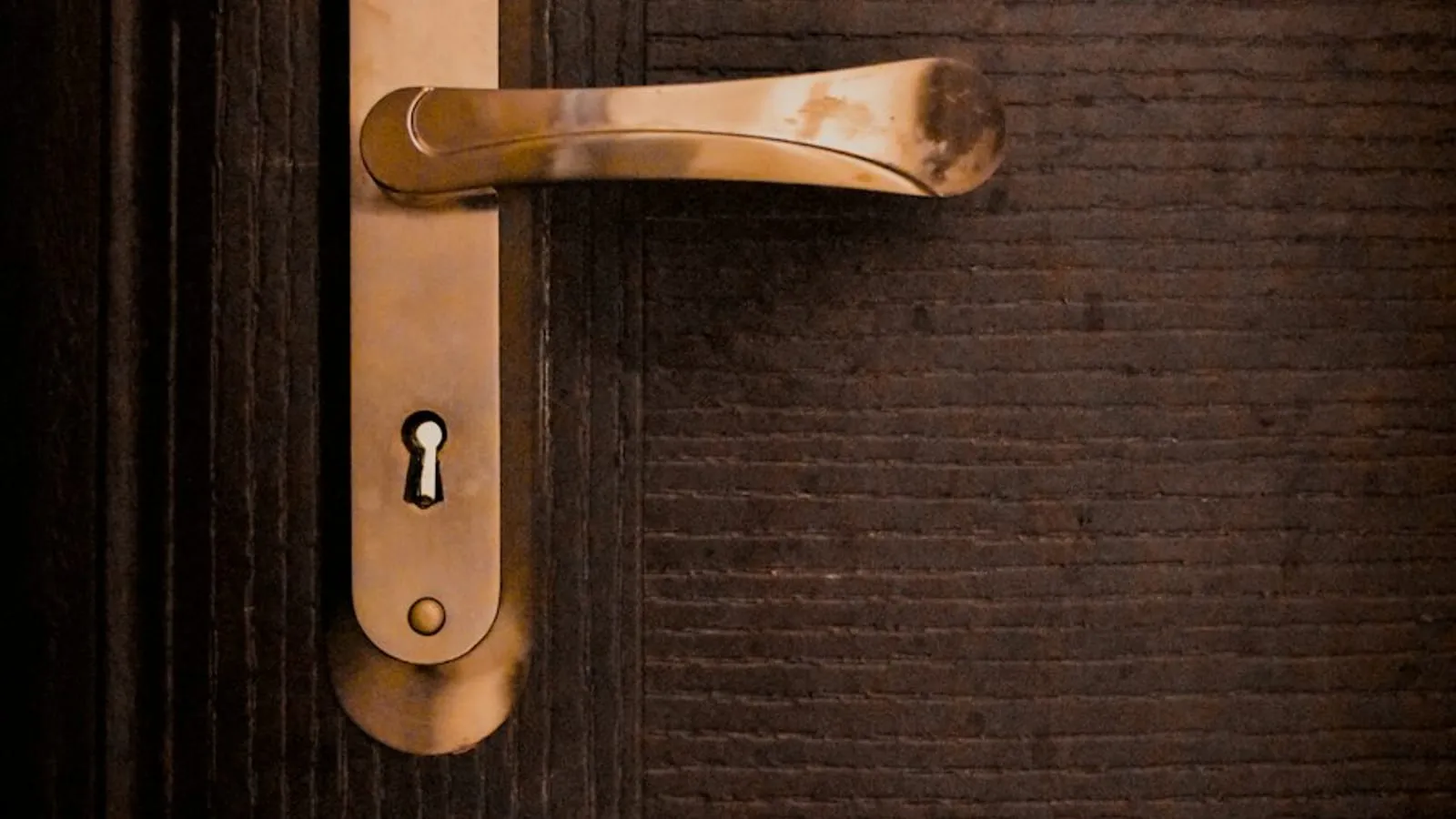 Poignée en laiton et entrée de clé sur une porte en bois sombre